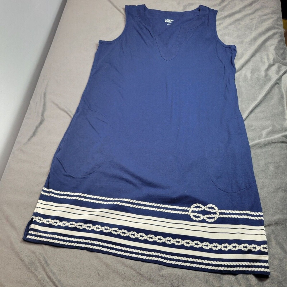 Lands End Womens Nautical Blue Sleeveless Dress L 14-16 Cotton Rope Trim V-Neck